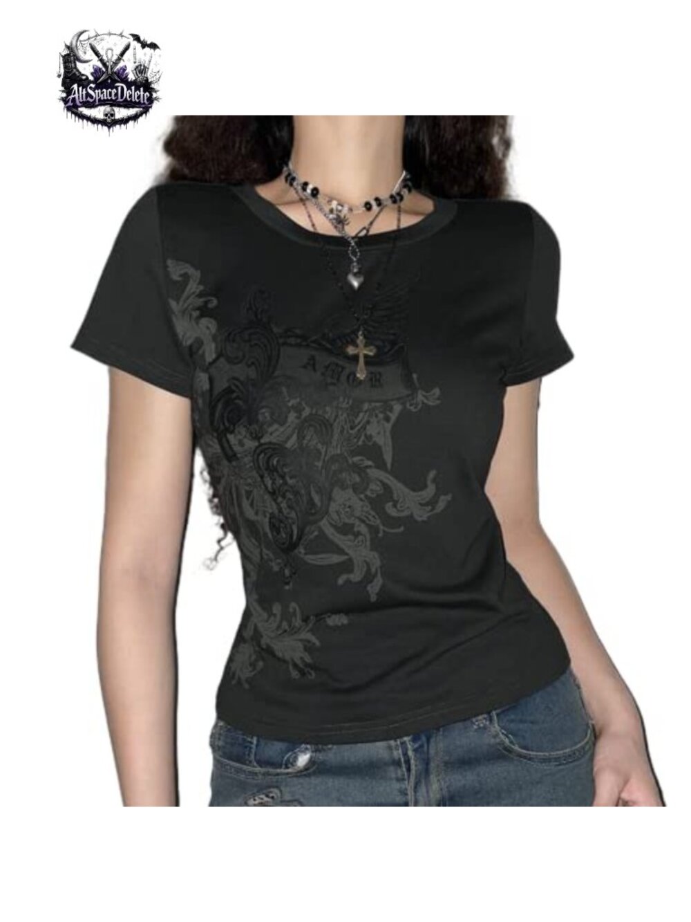 Grunge Gothic Punk Crop Tee Short Sleeve Rock Graphic Tee Slim Fairy Cotton